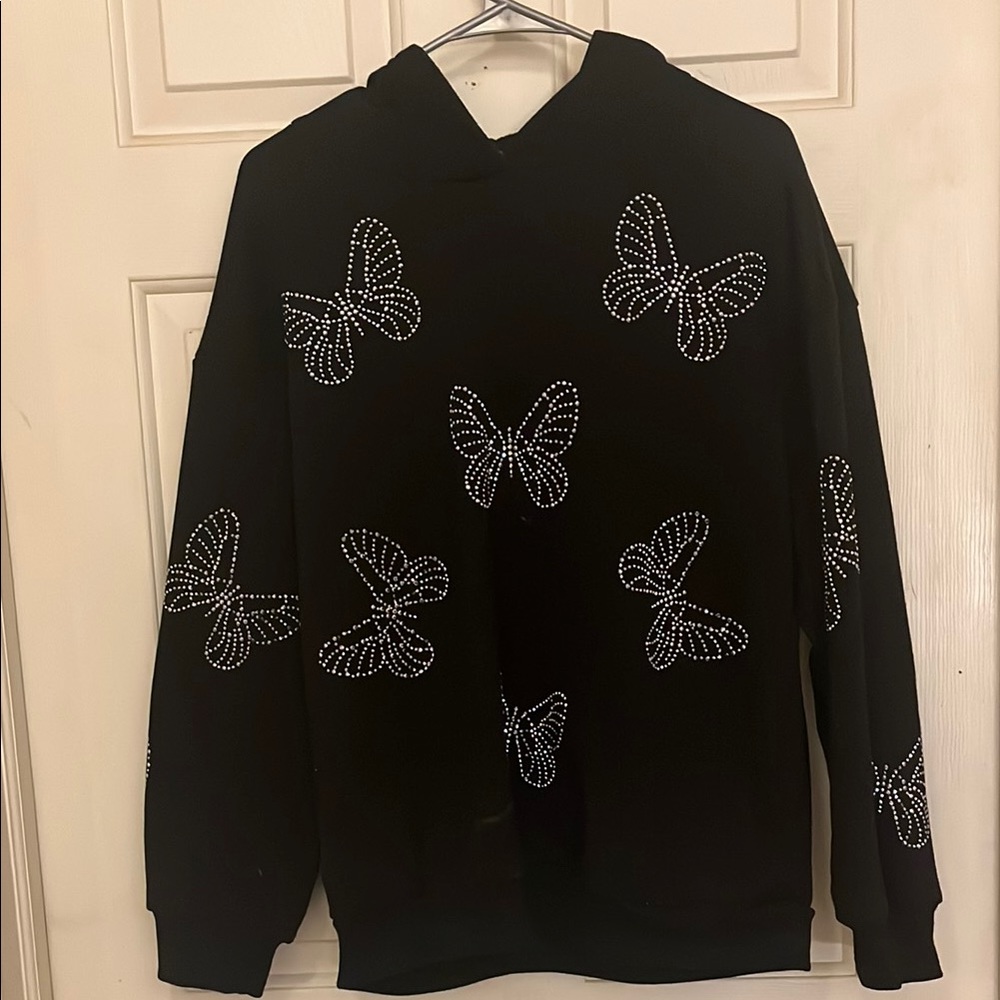 Black Hoodie with Rhinestone Butterfly Design
